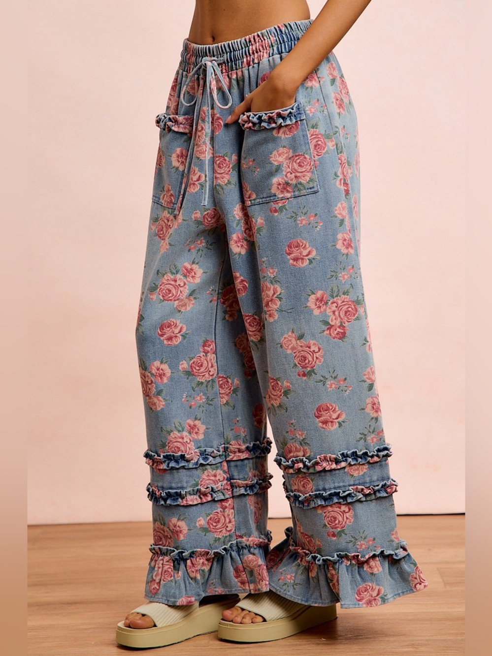 BiBi Washed Floral Denim With Ruffle Elastic Wide Pants 10010094801 - Picture 12 of 13